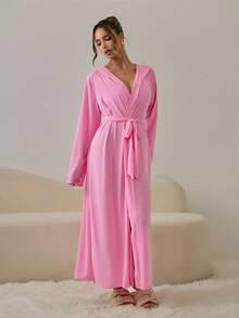 HautHeat Women's Solid Color Long Sleeve Belted Casual Robe - Pink - View 5