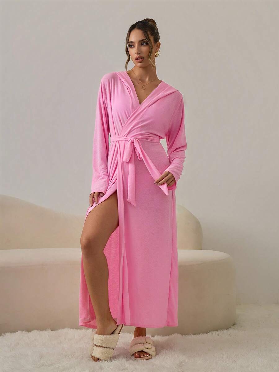 HautHeat Women's Solid Color Long Sleeve Belted Casual Robe - Pink - View 1