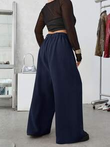 SHEIN EZwear Plus Size Casual Wide Leg Pants, Thick Corduroy Solid Color Front Button, Navy Blue - Navy Blue - View 2