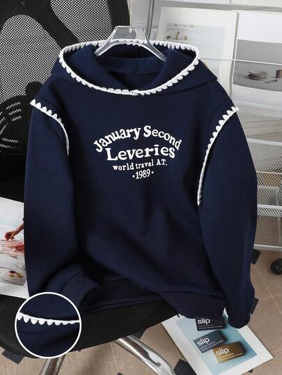 SHEIN 1pc Tween Girl' Fashionable English Print Sweatshirt, Loose Fit Pullover In Light Gray With Contrast Trim, Suitable For Autumn/Winter, Outdoor, School, Travel, Party, Commute, Essential Wardrobe