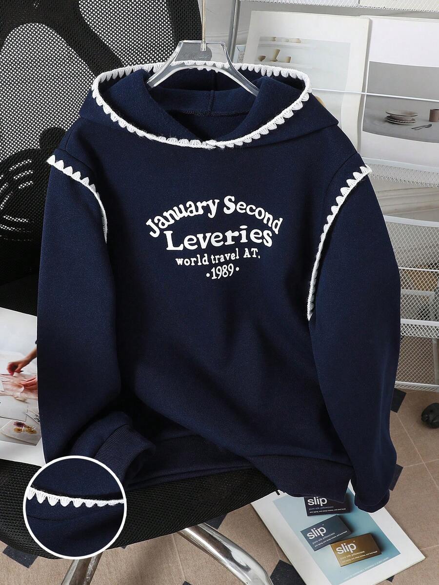 SHEIN 1pc Tween Girl'Fashionable Navy Blue And White English Print Sweatshirt,Loose Fit Pullover,Autumn Casual School Back-To-School Contrast Trim Hoodie - Navy Blue - View 1