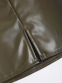 Sweetra Sexy Low-Waist Chic PU Leather Slit Mini Skirt, Spring/Summer - Army Green - View 4