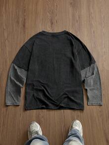SWAVVY Men's Standard Casual Long Sleeve T-Shirt, Graphic Print & Contrast Color Patchwork Design, Faux 2-In-1 Streetwear Top Graphic Long Sleeve - Black - View 2
