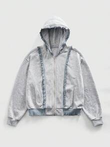 ROMWE MEN Street Life Sweat-shirt-shirt à capuche zippé avec garniture à volants, manches longues, style décontracté pour hommes