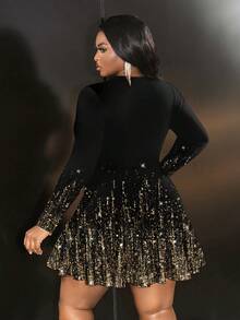 Slaydiva 优雅金色渐变亮片印花休闲修身圆领长袖加大码连衣裙，适合秋冬季派对、黑色连衣裙、生日礼服、圣诞派对、新年等场合。 - 金色 - 查看 2