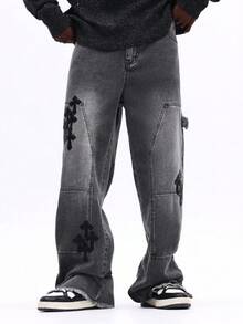 SUMWON Loose Fit Flare Carpenter Jeans With Applique Details And Frayed Hem For Relaxed Street Style Plain - Blue - View 5