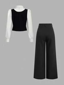 Sweetra Bộ đồ hai mảnh áo sơ mi cổ buộc tay dài phối màu đơn giản mùa thu/đông và quần ống rộng ống đứng, phong cách sinh viên dành cho nữ - Đen và trắng - Xem 2