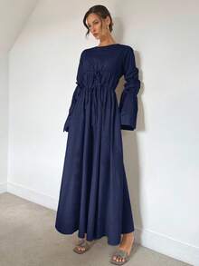 Siren Gaze 秋季新款褶皱抽绳超长喇叭袖A字连衣裙，自然色，舒适宽松休闲秋冬长款女装 - 藍色 - 查看 5