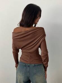Aloruh Áo thun nữ dáng rộng bất đối xứng, áo thun trơn màu thắt nút xoắn, mặc đi làm hàng ngày và mặc ở nhà, áo thun dệt kim dài tay họa tiết lưới hoa - màu nâu - Xem 2