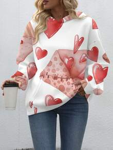 EMERY ROSE Women's Pink & Red Heart Print Hooded Sweatshirt - Valentine's Day Gift, With Pockets And Envelope Pocket Design, Suitable For Casual Dates, Travel And Daily Casual Wear - Multicolor - View 3