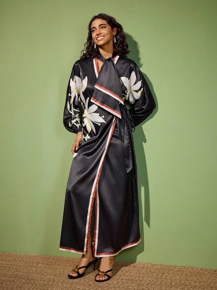 Felipe Marques Floral Print Casual Elegant Dignified Sexy Women's Tie-Up Shirt Maxi Dress, Suitable For Daily Wear, Travel, Holiday, Date, Party, Christmas, Autumn/Winter - Multicolor - View 6