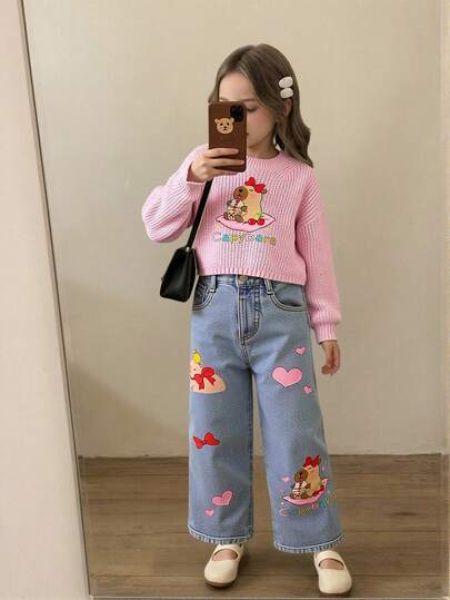 Young Girls' Straight Leg Jeans, Blue Denim Casual Pants For Autumn/Winter, Cute & Sweet Design, Suitable For Outdoor, Home, School, Vacation, Featuring Relaxed Fit, Elastic Waist, Butterfly & Heart Prints