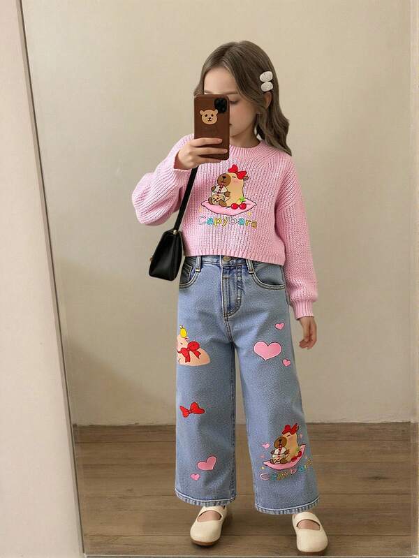 Young Girls' Straight Leg Jeans, Blue Denim Casual Pants For Autumn/Winter, Cute & Sweet Design, Suitable For Outdoor, Home, School, Vacation, Featuring Relaxed Fit, Elastic Waist, Butterfly & Heart Prints