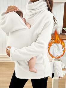 SHEIN 双层加厚连帽三合一外套，多功能孕妇背巾婴儿背带抓绒 - 米色 - 查看 1