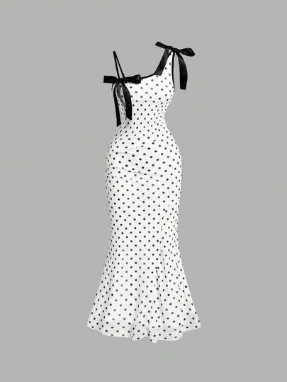 SHEIN MOD Asymmetric Shoulder Straps, Bow Accent, Ruched Fishtail Hem, Black & White Polka Dot Pattern Midi Dress For Women, Women Outfit,Masquerade Ball Dress,Elegant Women Dresses