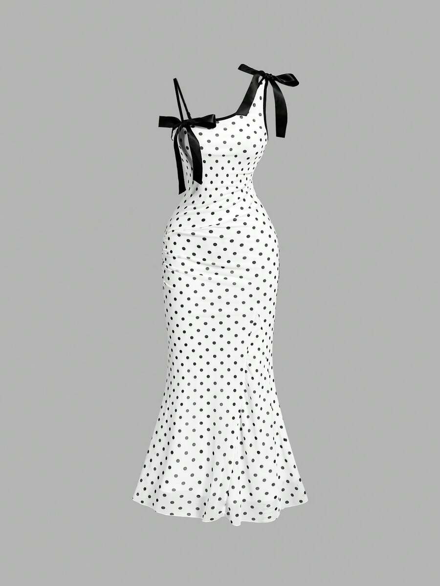 SHEIN MOD Dây đeo vai bất đối xứng, điểm nhấn nơ, viền đuôi cá nhún bèo, váy midi họa tiết chấm bi đen trắng dành cho nữ, trang phục nữ, váy dạ hội hóa trang, váy thanh lịch dành cho nữ - Đen và trắng - Xem 1