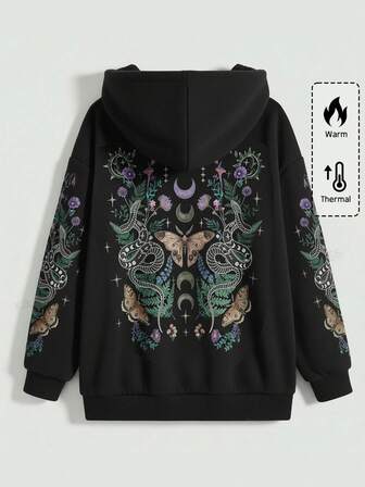 Gothic Y2K Bindweed, Butterfly, Coiled Snake, Thorn Tree Plus Size Black Zip-Up Hoodie Jacket, Autumn/Winter Plus Size Women's Black Hoodie Jacket, Christmas Holiday Casual Women's Hoodie Jacket