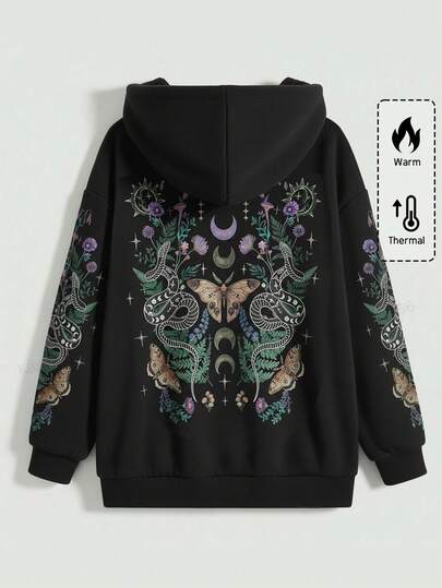 Gothic Y2K Bindweed, Butterfly, Coiled Snake, Thorn Tree Plus Size Black Zip-Up Hoodie Jacket, Autumn/Winter Plus Size Women's Black Hoodie Jacket, Christmas Holiday Casual Women's Hoodie Jacket
