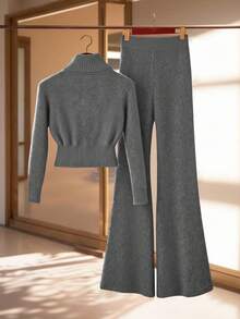 Franclia 女士优雅纯色罗纹高领修身长袖拉链上衣搭配弹力腰显瘦喇叭腿针织衫两件套，冬季 - 深灰色 - 查看 2