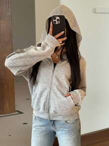 SHEIN EZwear 女士灰色针织连帽开衫