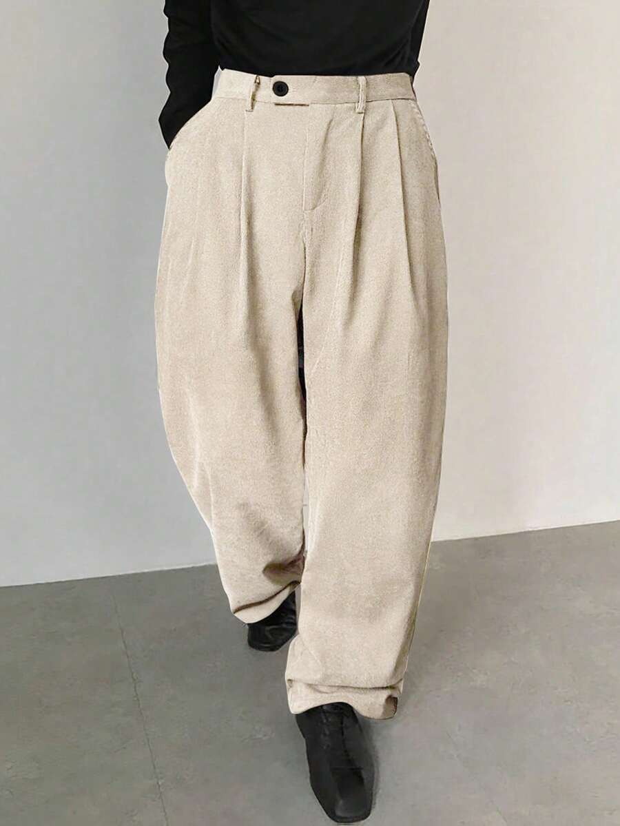 Claim Dot 男士宽松斜插口袋褶裥长裤，外出时尚纯色长款宽松休闲裤，送给丈夫、男友的礼物，男士灯芯绒裤，超大码裤，宽松裤，Y2K风格 - 米色 - 查看 1