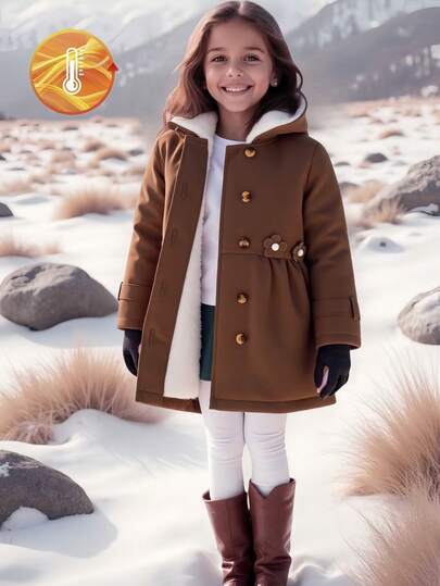 Elladie kids 一件女童中长款外套，儿童加厚粉色长袖防风夹克，饰有3D立体花卉图案，甜美风格，宽松版型，适合秋冬季节穿着，适合度假、旅行、日常穿着。