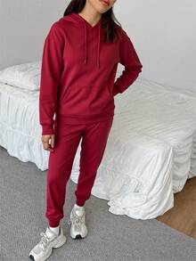 Versión relajada del tamaño extra grande sudadera con capucha para mujeres y pantalones largos de dos piezas - Jujube - Ver 3