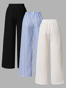 3pcs Girls' Striped Textured Casual Straight Leg Pants, Suitable For Daily Wear - Blue - View 2