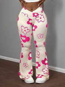 Slaydiva 新款休闲街头运动风弹力腰带阔腿裤，饰以全幅树枝印花，两侧配有立体工作口袋，专为女性设计。 - 玫紅色 - 查看 5