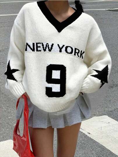 SHEIN Tween Girl Casual Fashion Letter Print V-Neck Black & White Knit Loose Sweater, New York Streetwear, Back-To-School Autumn School