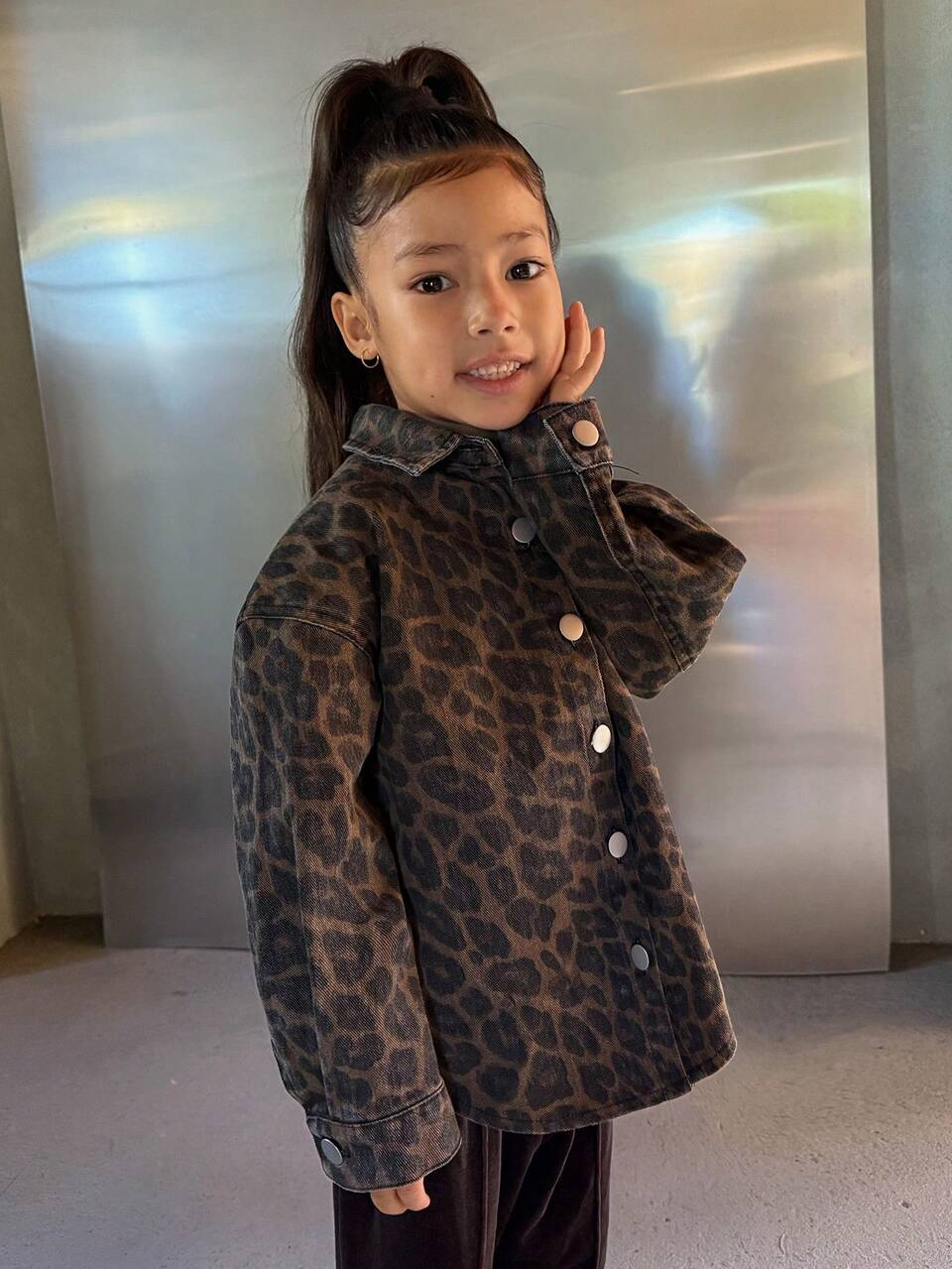Young Girl Oversized Single-Breasted Casual Leopard Print Jacket