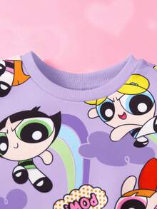 THE POWERPUFF GIRLS X SHEIN Baby Girl Cartoon Rainbow Print Cute Casual Long Sleeve Sweatshirt And Sweatpants Sports Set - Purple - View 6