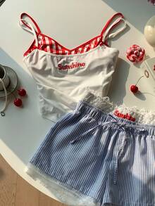 Comfortcana Women's Letter Print Camisole, Plaid Bra, And Striped Shorts Casual Outfit Set Gingham Set Summer Clothes Set - Multicolor - View 5