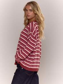 MUSERA Button Through Oversized Stripe Knit Cardigan Cute Cool Girl Cosy Winter Everyday Clean Girl Casual Cottage Core Old Money Butterscotch Evening Party Elegant Spring - Burgundy - View 4