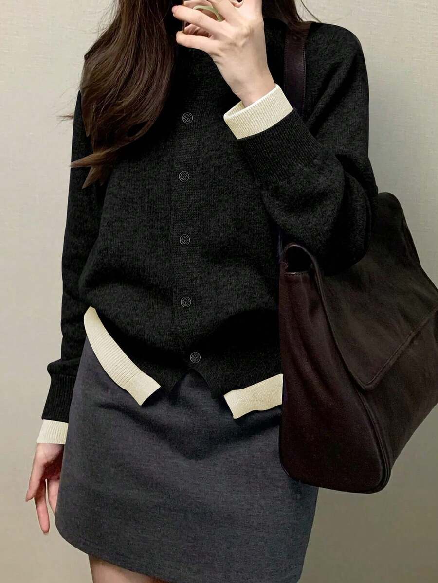 EMERY ROSE Contrast Color Cardigan 2 In 1 Round Neck Loose Casual Basic Knit Sweater Jacket - Black - View 1