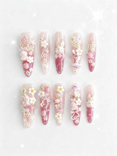 Anime 10pcs Cute Bowknot Music Note Star Element High Quality Handmade False Nails + 3pcs Double-Sided Adhesive, Y2K French Style Rhinestone Chain Polka Dot Removable Nail Art Stickers, Suitable For Holidays, Parties, Dancing And Daily Wear