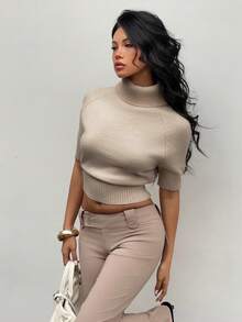 Aloruh Damen Neue Aprikot Strickpullover, Rollkragen, Kurzarm, geeignet für den Übergang in den Frühling, Frühlings Damen Rollkragentop in Neutraltönen Beige - Aprikosenfarben - Übersicht 6