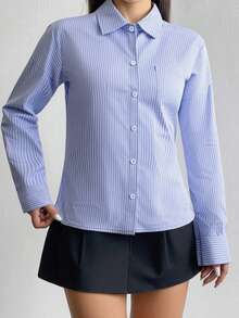 Franclia Camisa holgada de manga larga a rayas azules y blancas, de estilo casual de otoño para mujeres, elegante, de moda, casual, para ir a la oficina, diaria, de ocio, versátil, urbana, profesora, atuendo profesional - Azul - Ver 4
