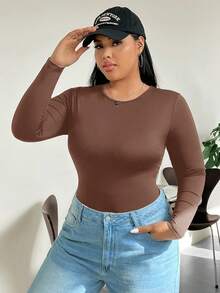 SHEIN EZwear 大码纯色圆领常规肩部长袖连体衣，适合秋冬季、圣诞节、新年、感恩节、派对、婚礼、海滩、毕业典礼等场合，时尚优雅，休闲百搭，适合外出、约会、预约、通勤等各种场合。 - 棕色 - 查看 14