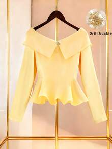 SHEIN LUNE Blouse élégante avec volants à l'épaule dénudée, style chic et luxueux léger, silhouette romantique ajustée de haute qualité, convient pour les sorties de printemps/automne - Jaune clair - Voir 1
