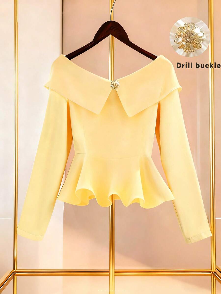 SHEIN LUNE Blouse élégante avec volants à l'épaule dénudée, style chic et luxueux léger, silhouette romantique ajustée de haute qualité, convient pour les sorties de printemps/automne - Jaune clair - Voir 1