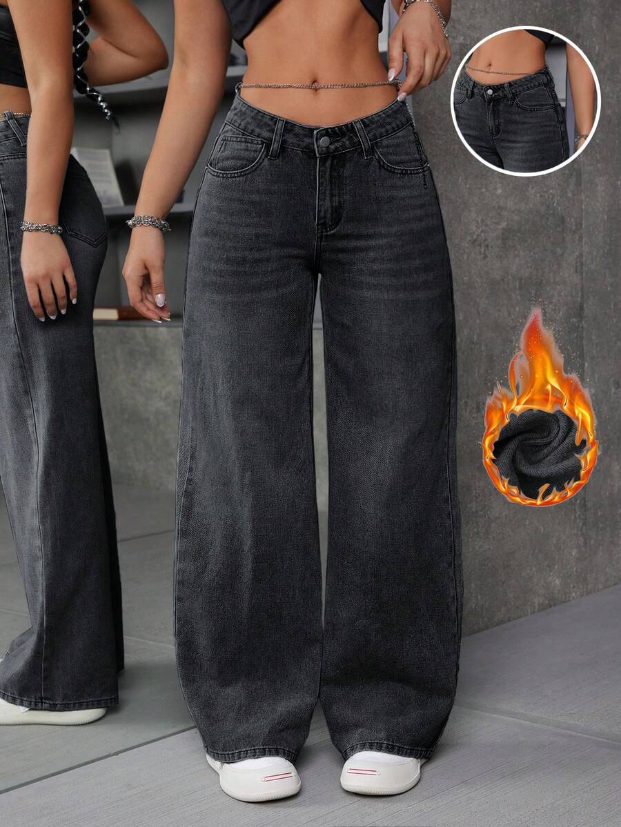SHEIN ICON Women's Warm Thermal Lined V-Shape Low Waist Denim Jeans For Winter - Black - View 1