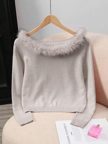 Franclia 女士秋冬时尚拼接仿毛领修身长袖毛衣 - 卡其色 - 查看 6