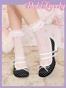 Dola Lovely Women's Polka Dot Satin Cute Lolita Black Thick Heel Round Toe Pumps, Suitable For Halloween, Christmas, Thanksgiving, Autumn/Winter Valentine's Day - Black - View 5