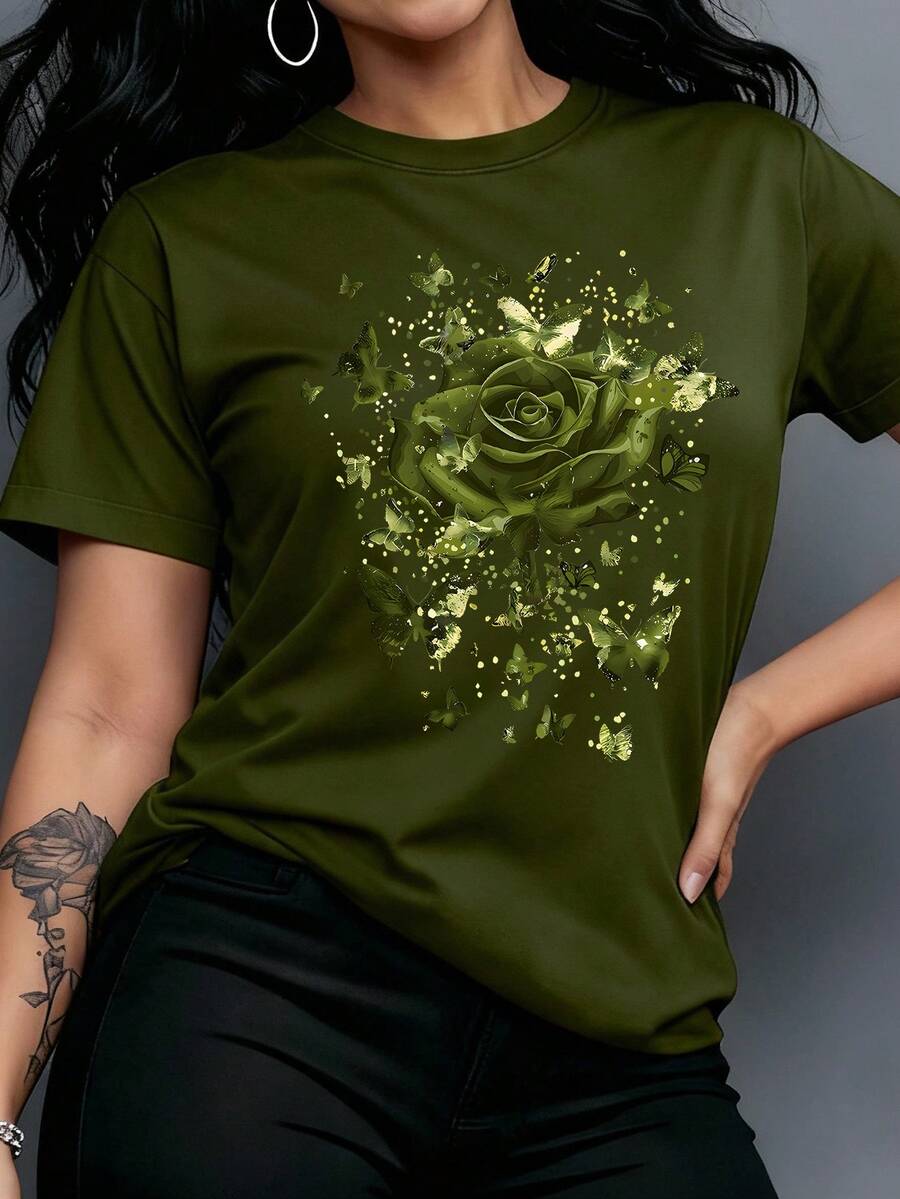 Rovax Kaos Wanita Kasual Motif Bunga Leher Bulat Lengan Pendek, Musim Panas - Hijau Tentara - View 1