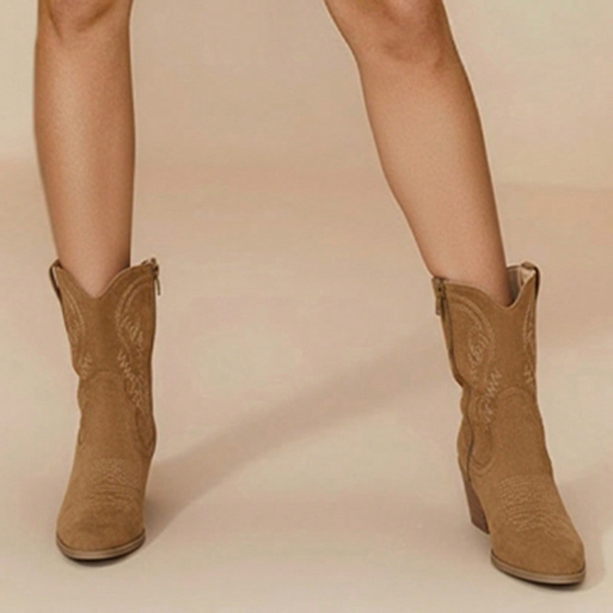 Women's Khaki Suede Western Side Zipper Embroidered Ankle Boots, Versatile Pointed Toe Chunky Heel Short Booties For Christmas
