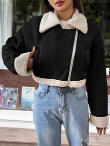 SHEIN EZwear 女士泰迪绒内衬拉链机车夹克，大翻领，秋冬款