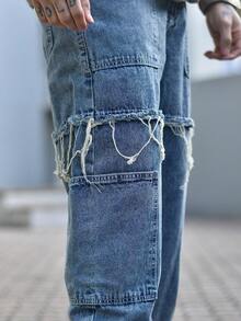 Devon Thys Grunge Goth Y2K Style Fashion Casual Fringe Young Street Chic College Sports Loose Straight Wide Leg Versatile Casual Men Jeans Pants - Blue - View 6