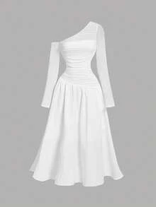 SHEIN MOD 白色不对称褶皱长袖连衣裙，华丽浪漫，女士早午餐装扮