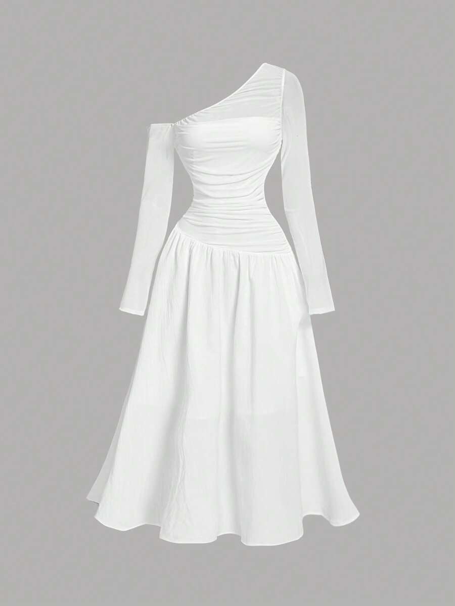 SHEIN MOD 白色不对称褶皱长袖连衣裙，华丽浪漫，女士早午餐装扮